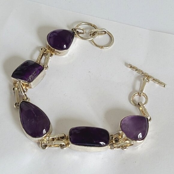 Vintage Boho Purple Amethyst Gemstone Chunky Sterling Silver Chain Bracelet - Picture 3 of 9